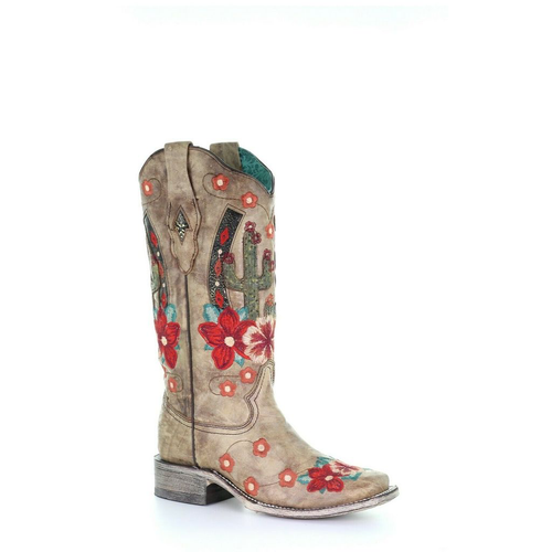 LD TAUPE CACTUS OVERLAY & FLOWERED EMBROIDERY SQ. TOE A3769