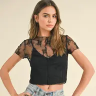 Lace Fabric with Tank Top Lined Top - Black