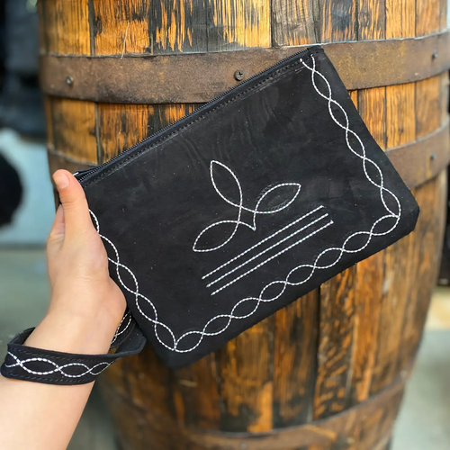 Black Bootstitch Suede Leather Wristlet
