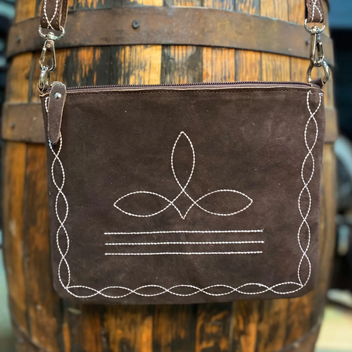 Brown Suede Leather Bootstitch Crossbody