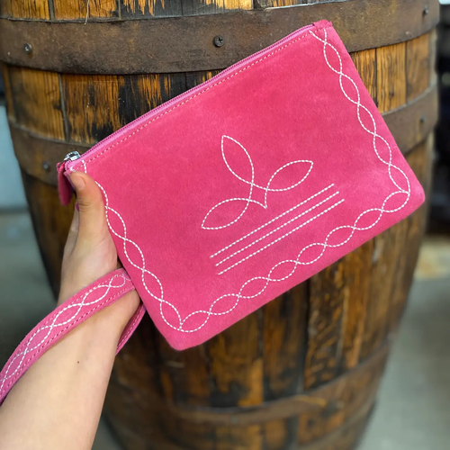 Pink Bootstitch Suede Leather Wristlet