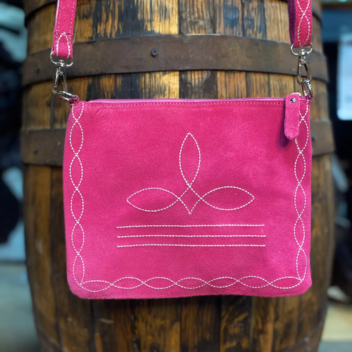 Pink Suede Leather Bootstitch Crossbody