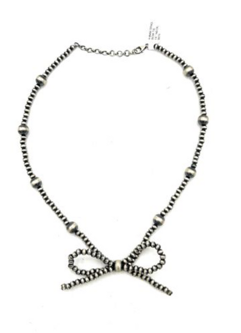 Handstrung Sterling Silver 4-8MM 16 Inch Bow Tie Necklace