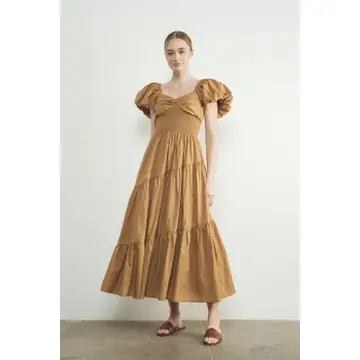 Puff Sleeves Smocked Bodice Tiered Midi Dress - Rust