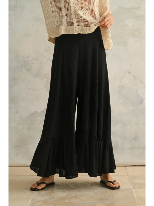 Wide Leg Ruffled Bottom Detail Pants - BLACK