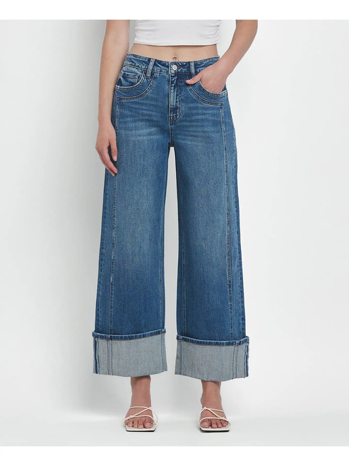 Super High Rise Cuffed Baggy Wide Jeans - JOYSOME