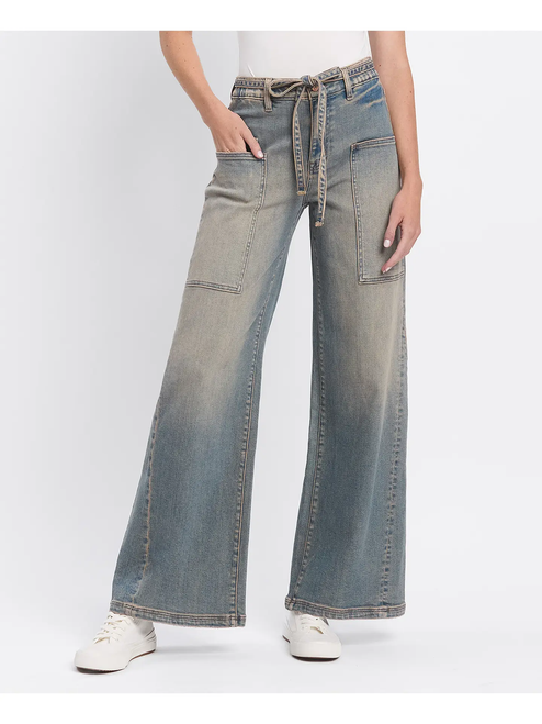 High Rise Elastic Tie Waistband Baggy Wide Jeans - GENESIS