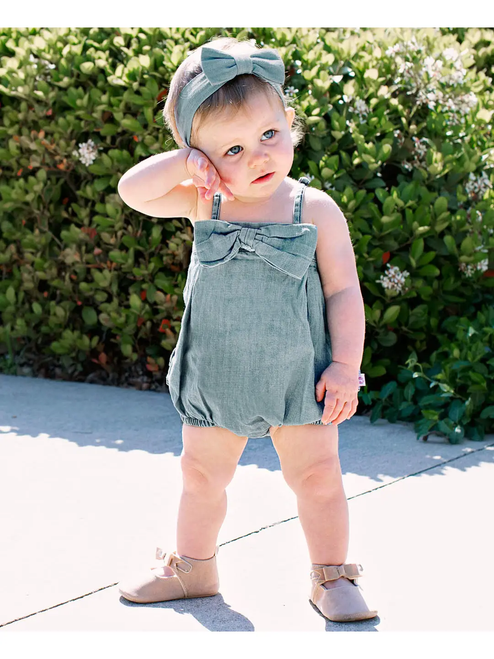 Baby Girls Light Wash Denim Bow Front Bubble Woven Romper