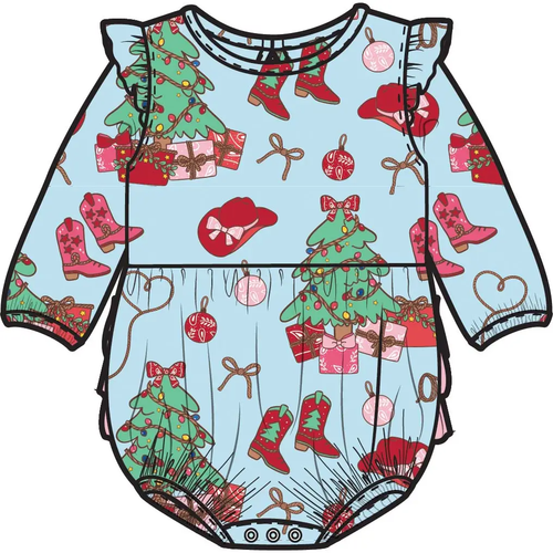 Baby Girls Red Yuletide Yeehaw Knit Long Sleeve Flutter Bubble Romper