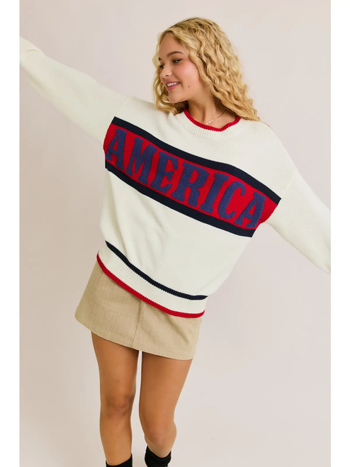 "America" Graphic Long Sleeve Crew Neck Sweater