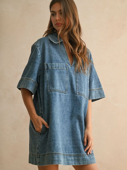 V-Neck Denim Tunic Dress - Denim