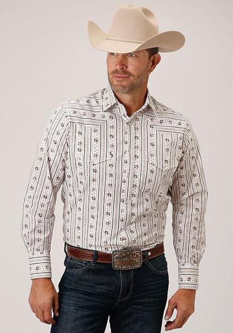 MENS L/S SHIRT SNAP PRINT 1501 BROWN & BLUE WALLPAPER STRIPE 01-001-0019-3058
