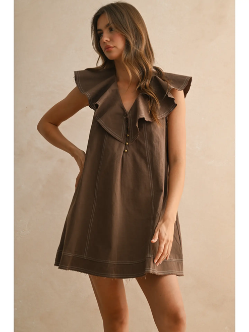 Ruffled Collar Woven Dress - BROWN