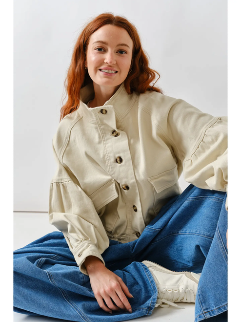 Ballon Sleeve Twill Jacket Drawsting Waist