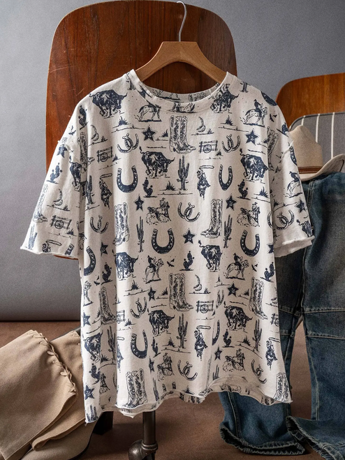 Western Graphic Print Relaxed Fit Tee - Cream & Navy