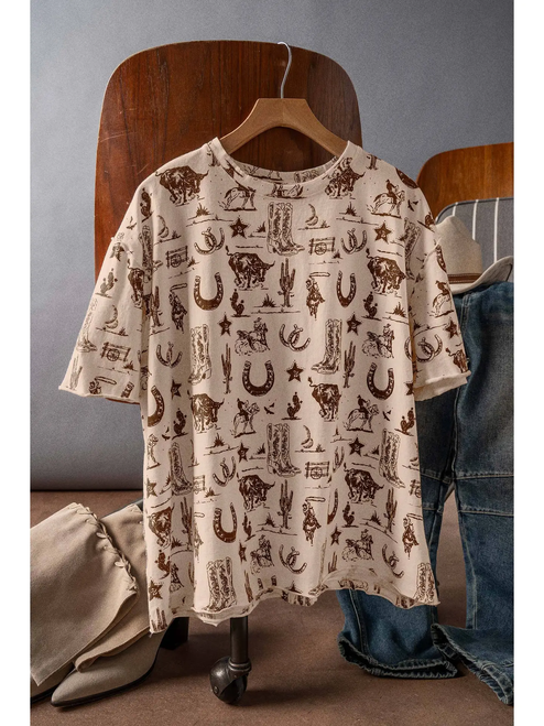 Western Graphic Print Relaxed Fit Tee - Light Khaki