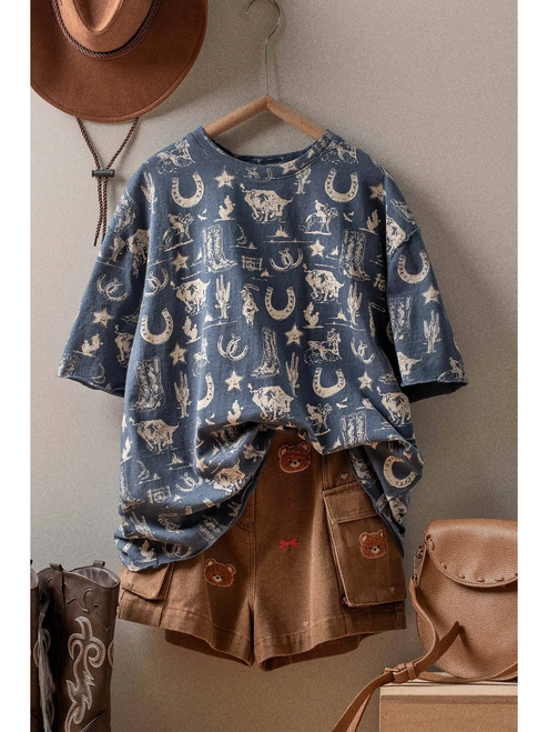 Western Graphic Print Relaxed Fit Tee - Blue