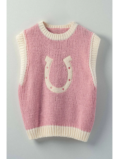 Western Horseshoe Crochet Knit Ribbed Trim Sweater Vest - PINK