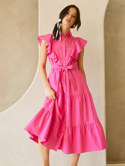 Shoulder Ruffle Button-Down Midi Dress - PINK