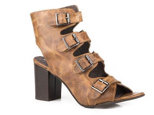 WOMENS FOOTWEAR   FASHION LEATHER OPEN TOE SANDAL BROWN OPEN STRAP VAMP AND HEEL,  3" HEEL WITH 4 BUCKLE STRAPS - 09-021-0946-2731