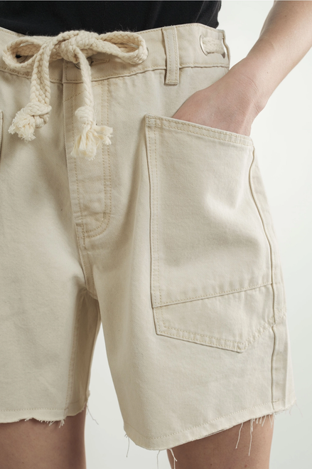 Vintage Washed Barrel Denim Shorts W/Grommet Waist - Cream