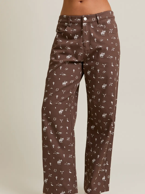 Mid-Rise Cowboy Graphic Wide Leg Pants - BROWN
