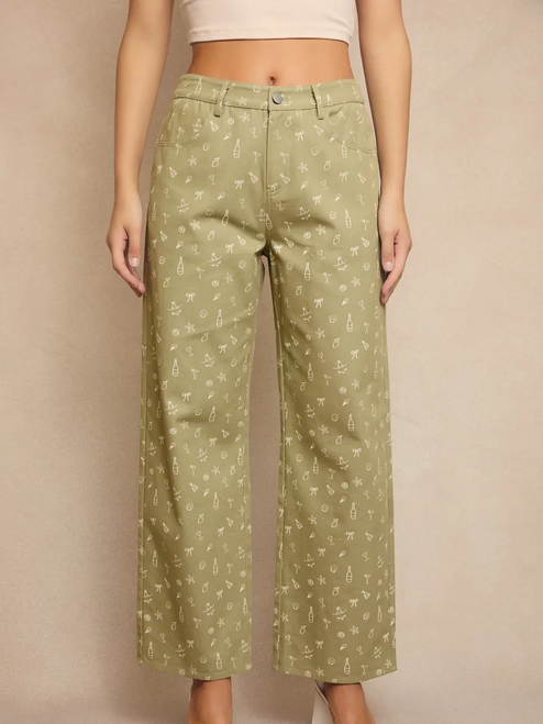 Mid-Rise Summer Graphic Wide Leg Pants - LIGHT GREEN