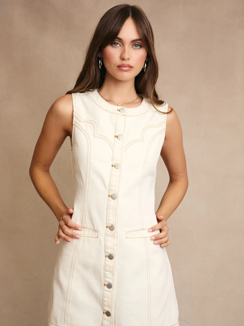 Stitch Detail Sleeveless Button Down Dress - CREME