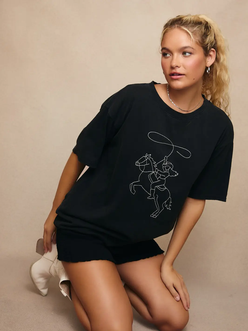 Washed Tee with Western Line Stitch - BLACK