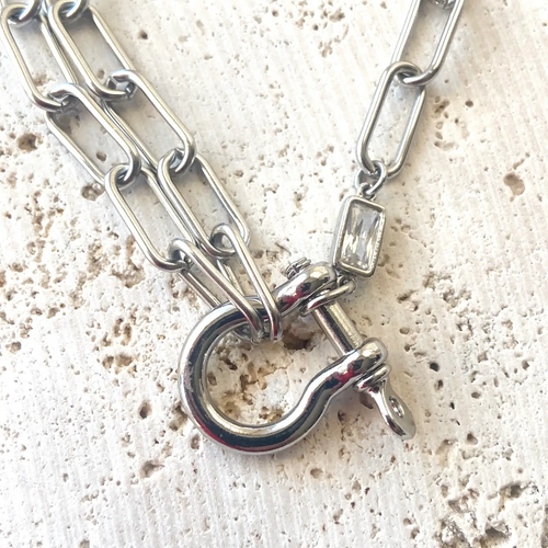 Shackle Necklace Mixed Metal Horseshoe Clasp Edgy Glam - SILVER