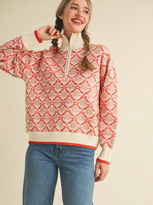 Floral Mock Neck Half Zip Pullover - CREME ORANCE MULTI