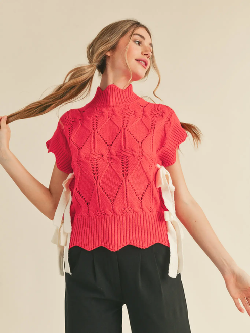 Mock Neck Cropped Sweater Vest - RED