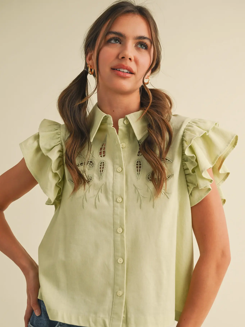 Embroidered Cut Out Button Down Top - SAGE LIME