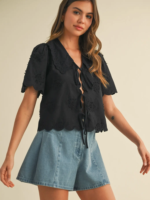 Tie Front Collared Lace Top - BLACK