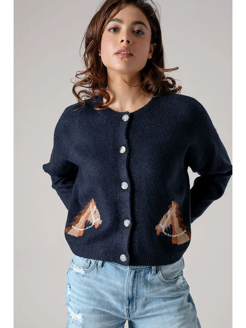 Western Horse Graphic Ribbed Trim Crew Neck Cardigan - NAVY