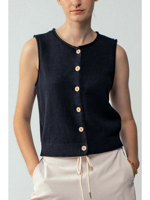 Relaxed Button-Front Knit Sleeveless Top - BLACK
