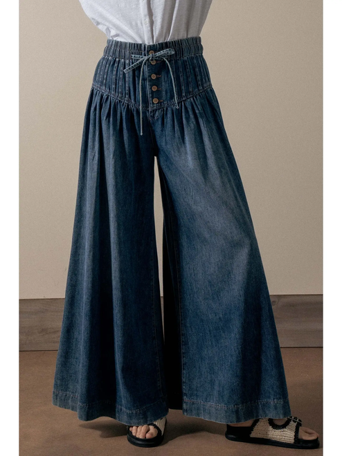 Pleated Wide-Leg Button Closure Pants - DARK DENIM