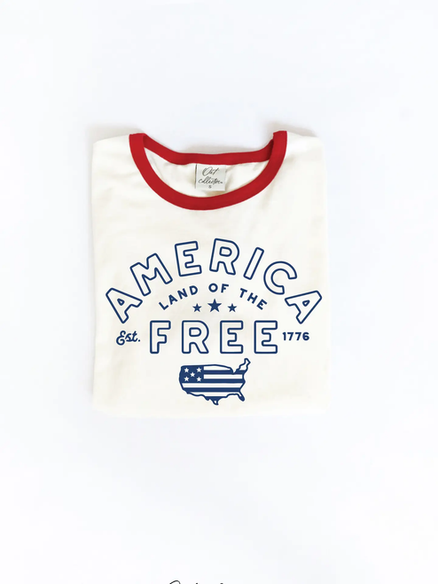 America Land of the Free Ringer Graphic Top - RED