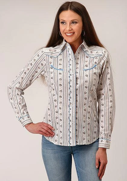 WOMENS L/S SHIRT   SNAP RETRO PIPED FANCY YOKE 1501 BROWN AND BLUE WALLPAPER STRIPE 01-050-0086-3058