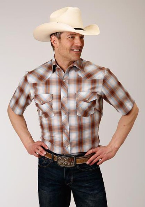 MENS S/S SHIRT SNAP WOVEN PLAID 01020 BUTTERSCOTCH, LT BU, & CREAM PLD 1-002-0101-3055
