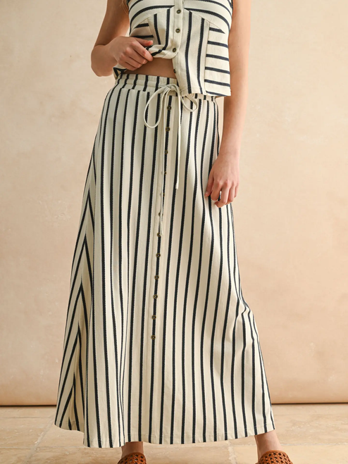 Button Front Striped Long Skirt - Cream/Navy