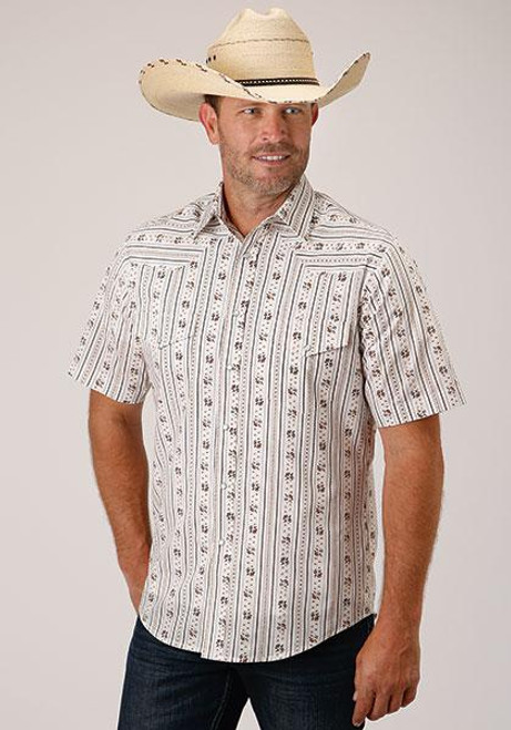 MENS S/S SHIRT SNAP PRINT 1501 BROWN & BLUE WALLPAPER STRIPE 01-002-0019-3058