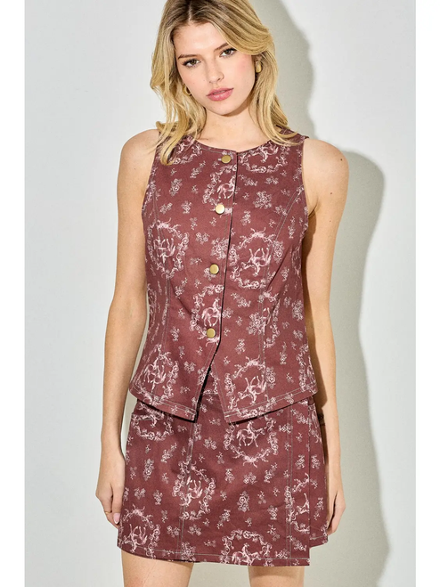 Horse Print Vest Top - BURGUNDY MULTI