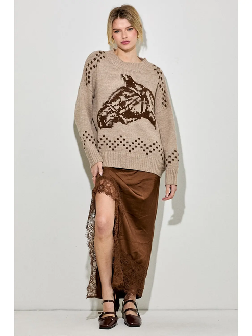 Horse Printed Knit Sweater - TAUPE