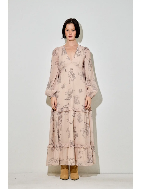 Cowboy Print Deep V-Neck Long Sleeve Midi Dress - TAUPE MULTI