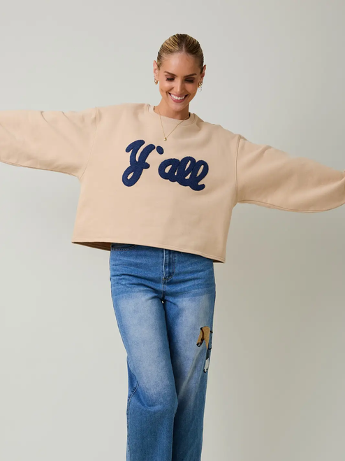 Crew Neck "Y'all" Flocked Sweatshirt