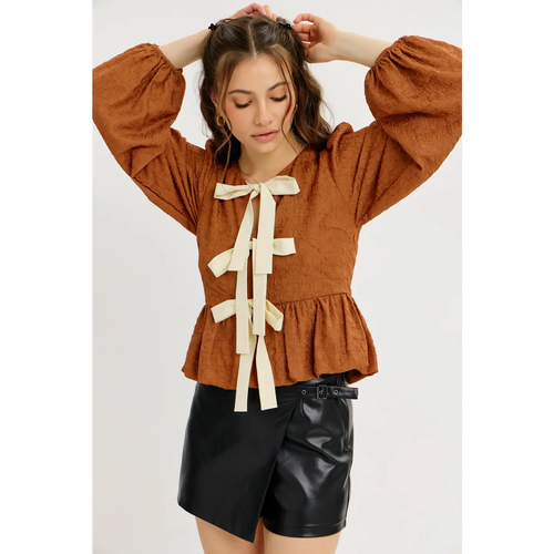 CARAMEL Textured Bubble Hem Blouse Top with Bow Front Top