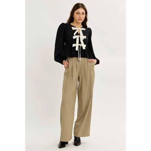 BLACK Textured Bubble Hem Blouse Top with Bow Front Top