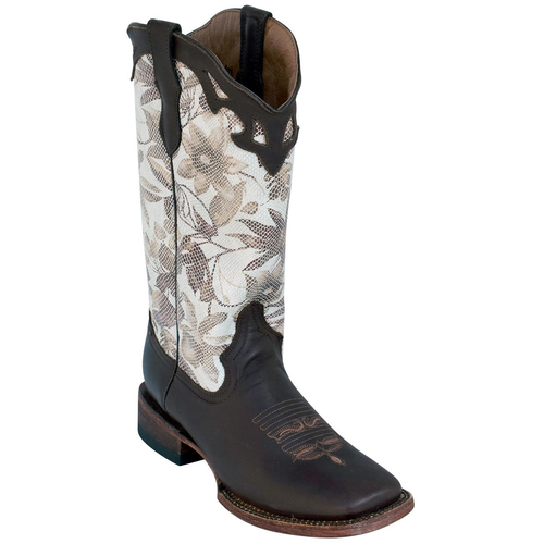 Ladies Cowhide Chocolate/White Floral S-Toe