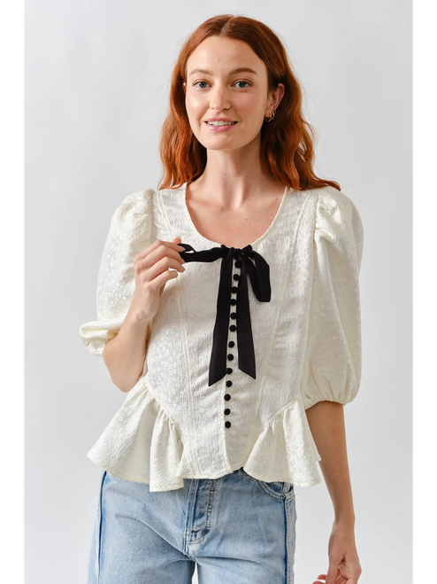Jacquard Puffy Sleeve Bow Tie Top W/Ruffle Hem - Off White